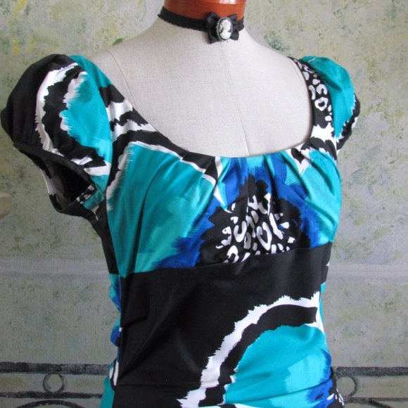 FLORAL DRESS, 8, SUZI CHIN ART in TURQUOISE, BLACK & WHITE COTTON BODYCON MIDI - Picture 3 of 5